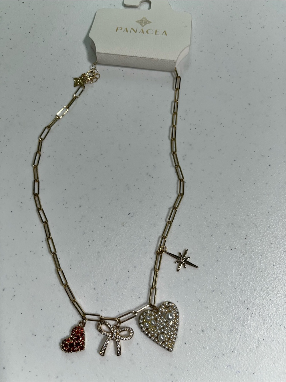 Gold Heart & Bow Charm Necklace with Pearl Accent